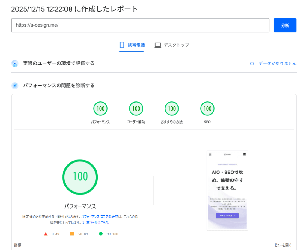 PageSpeed Insights 100点を達成!スマホ表示の高速化がAIO・SEO集客に効く理由 1 PageSpeed Insights モバイル100点のスコア結果