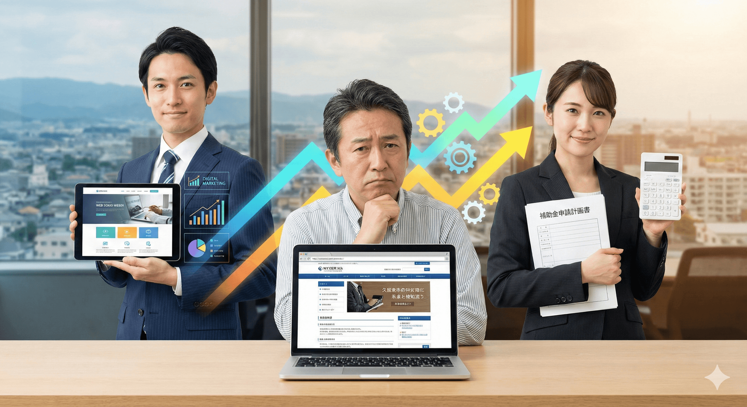 久留米の経営者が抱える「悩み」と、それをWebのプロと中小企業診断士の「二人の専門家」が解決し、ビジネスが上昇していく「希望」を表現