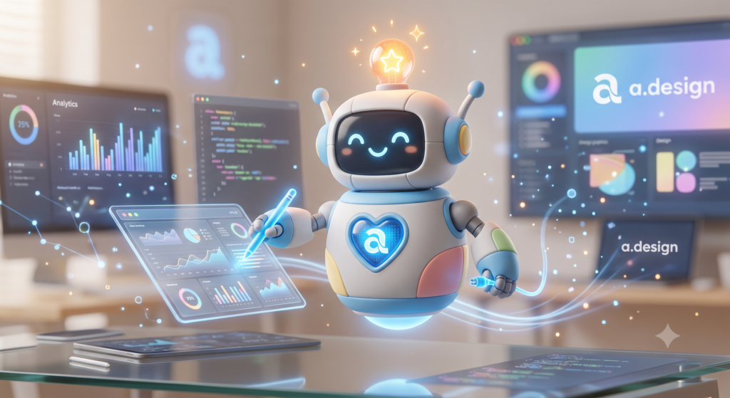 a.designのWeb制作やデジタルマーケティングの知識を詰め込まれた、小さなAIロボットa-chan