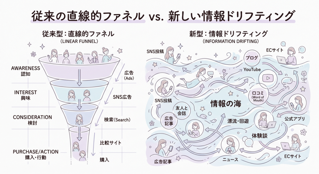 ジャーニー消費・パルス消費・情報ドリフティングの購買行動比較図